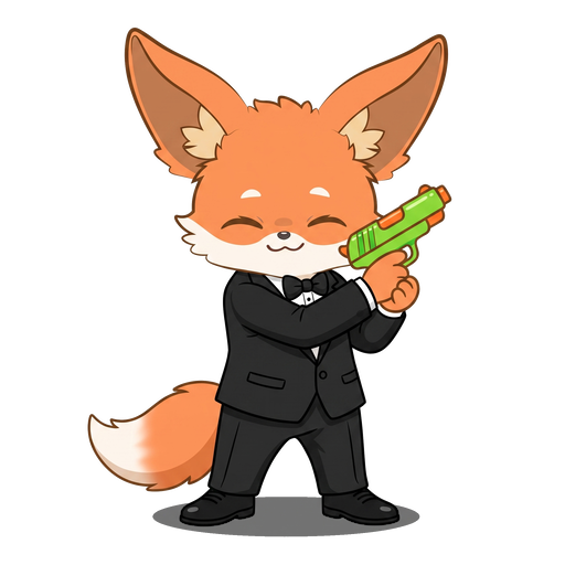 a fennec wearing a slick black tuxedo and brandishing a green water pistol